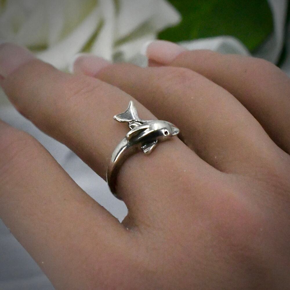 Vintage 925 Sterling Silver Dolphin Bypass Wrap Ring Nautical 2.0g